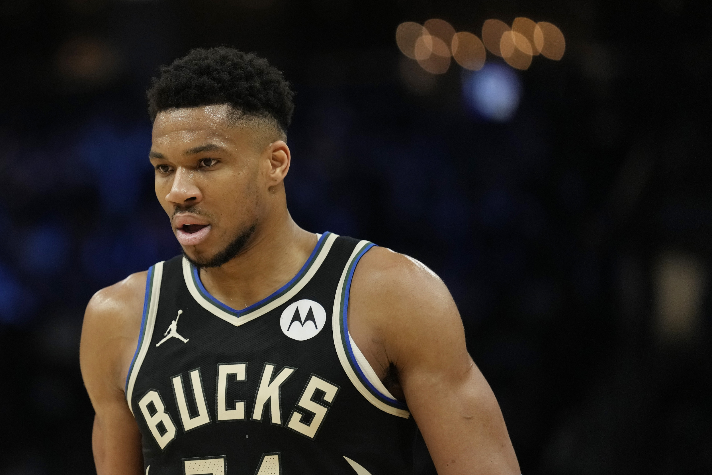 Giannis Antetokounmpo of the Bucks reacts to the cancellation of the Christmas game