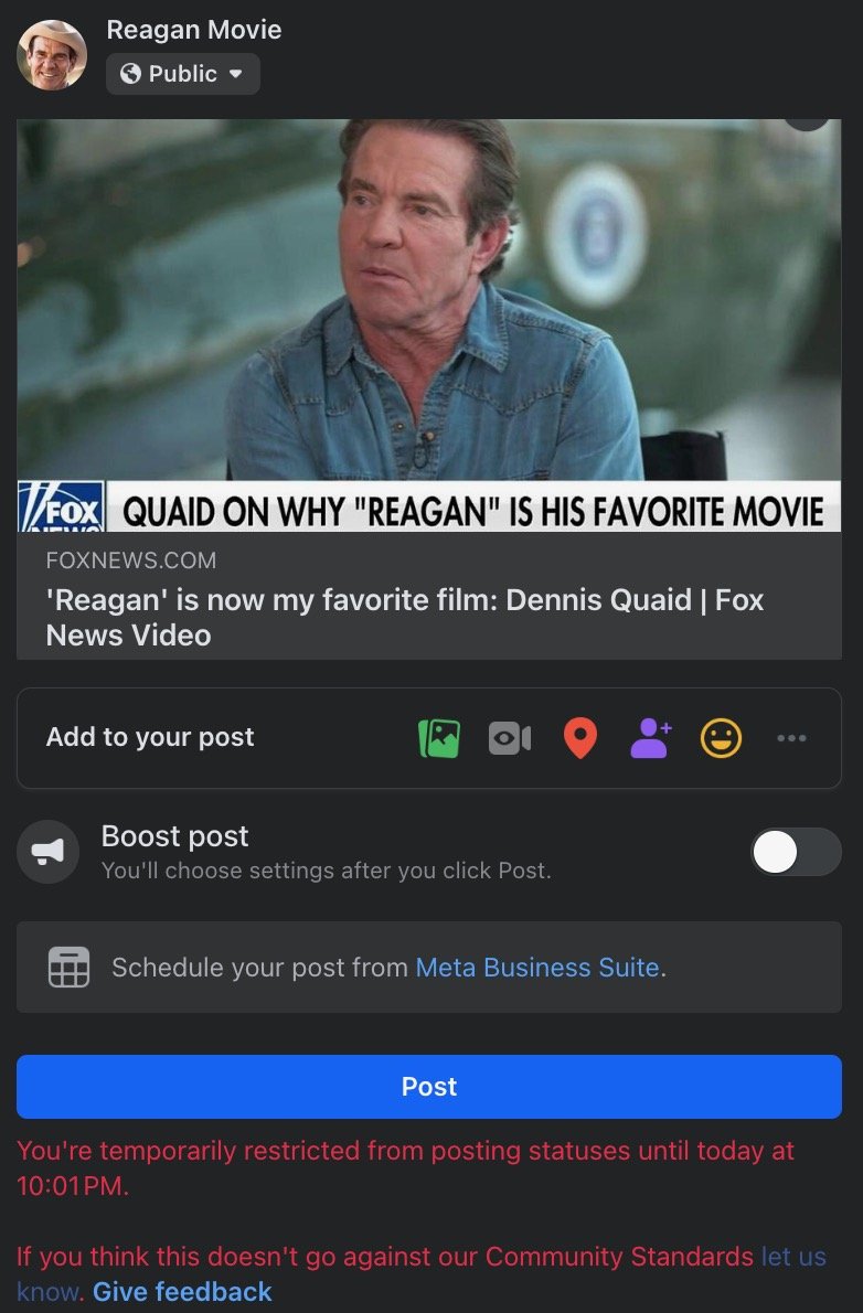Reagan movie Facebook boost