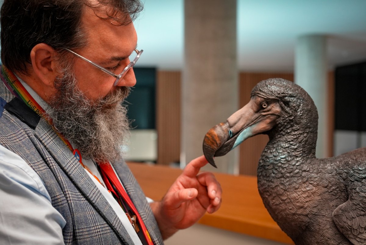 Scientist with a dodo scuplture