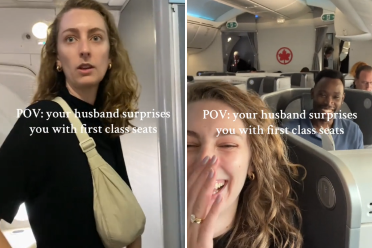 Woman surprised with first class seats