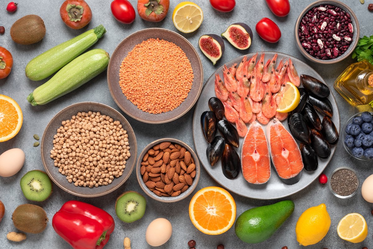 Healthy diet, seafood, legumes, fruits and vegetables