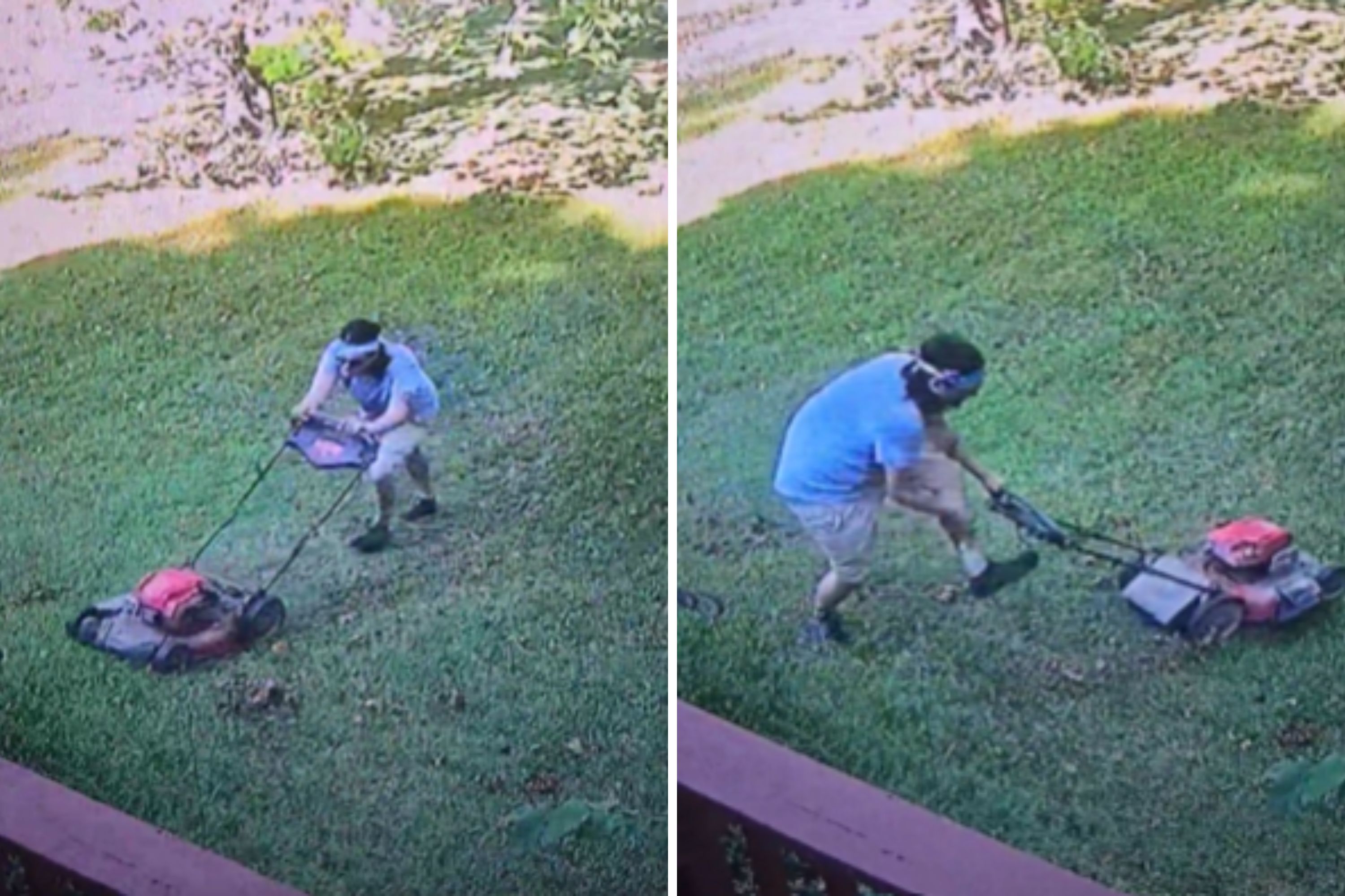 Video surveillance captures after a man drove a lawnmower over a hornet’s nest