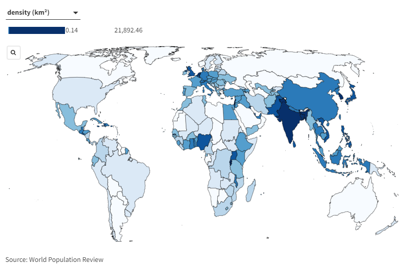 Map shows world by population density