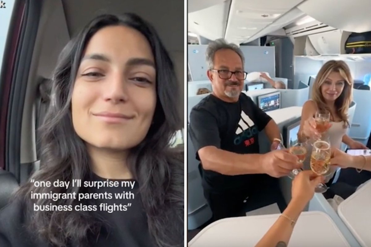 woman buys first class tickets for parents