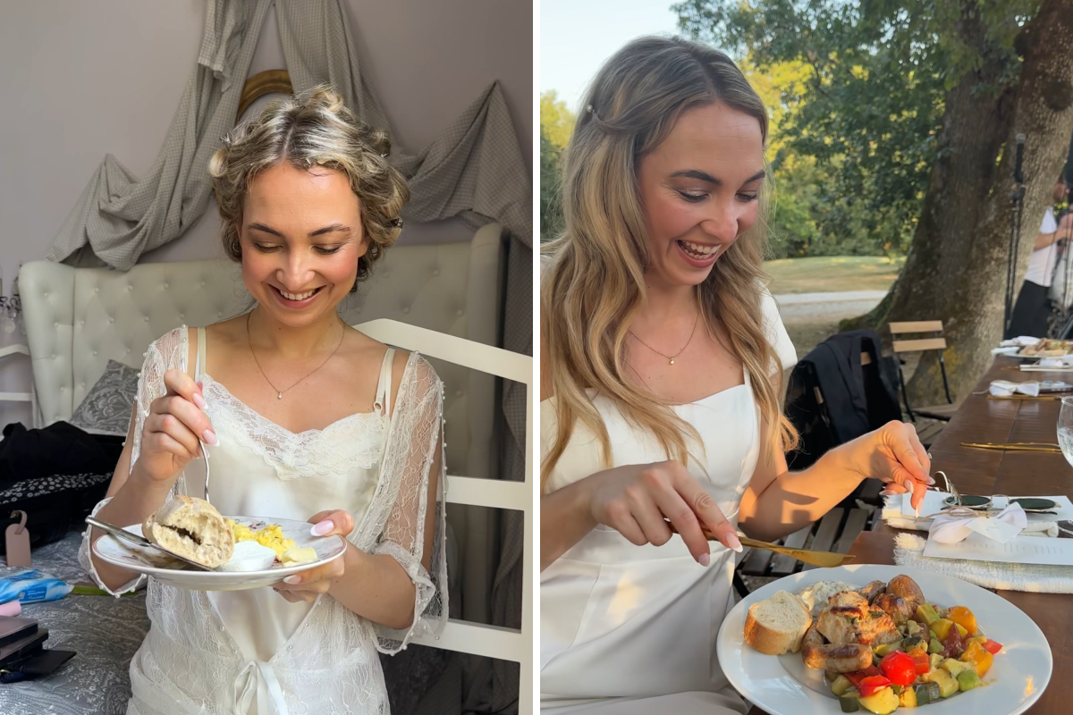 The bride enjoying wedding food.