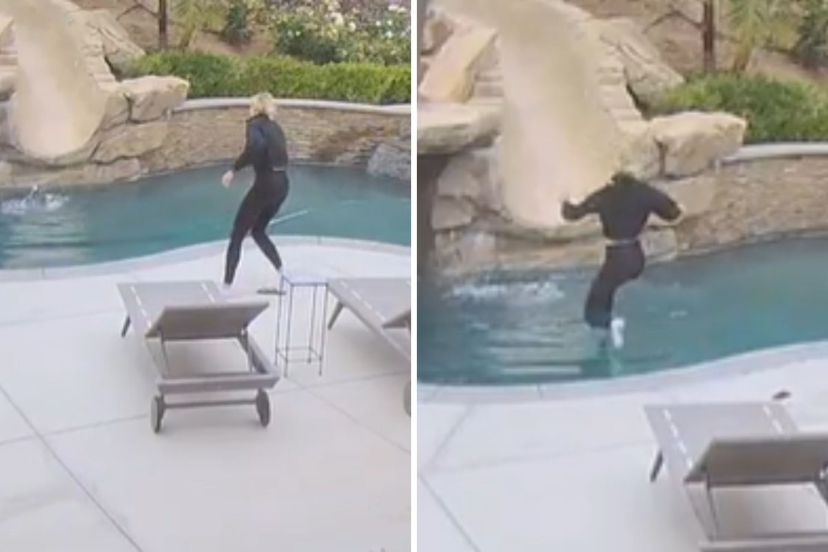 Dog owner jumps into pool