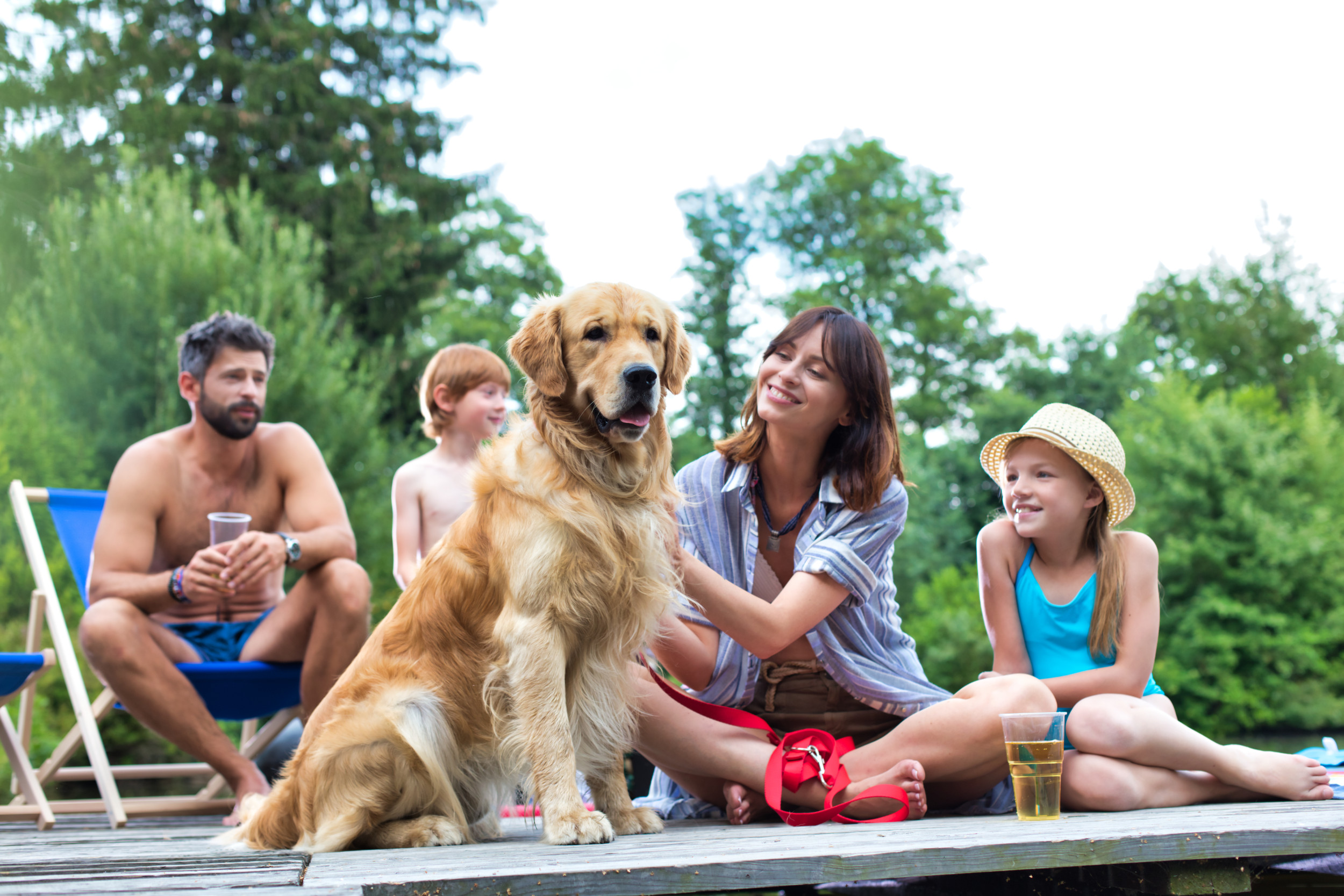 Photo: A golden retriever sits on a pier next to a family. (iStock / Getty Images Plus)