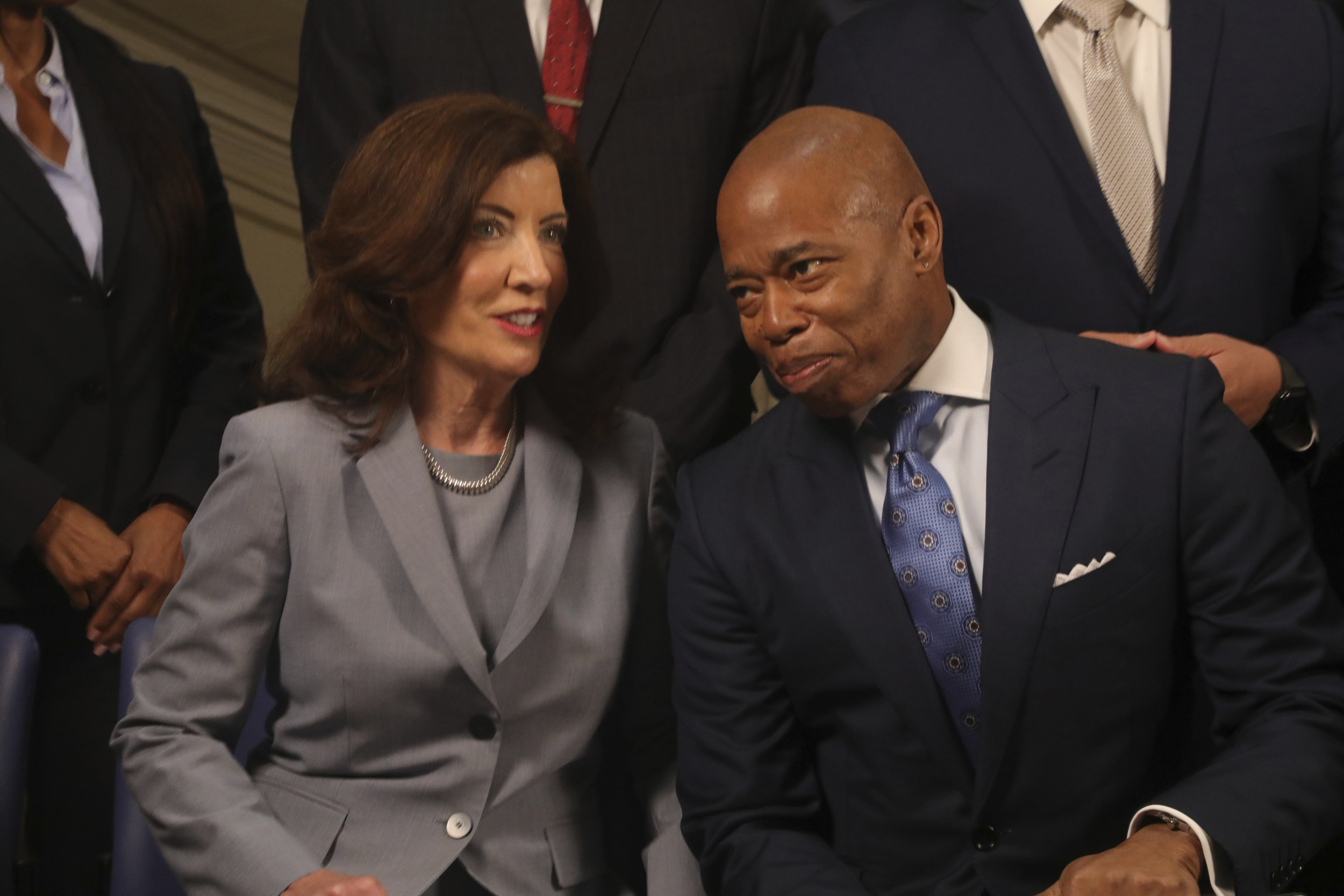 Photo: Eric Adams sits with Gov. Kathy Hochul. (Chris Moore/MediaPunch/IPX) 