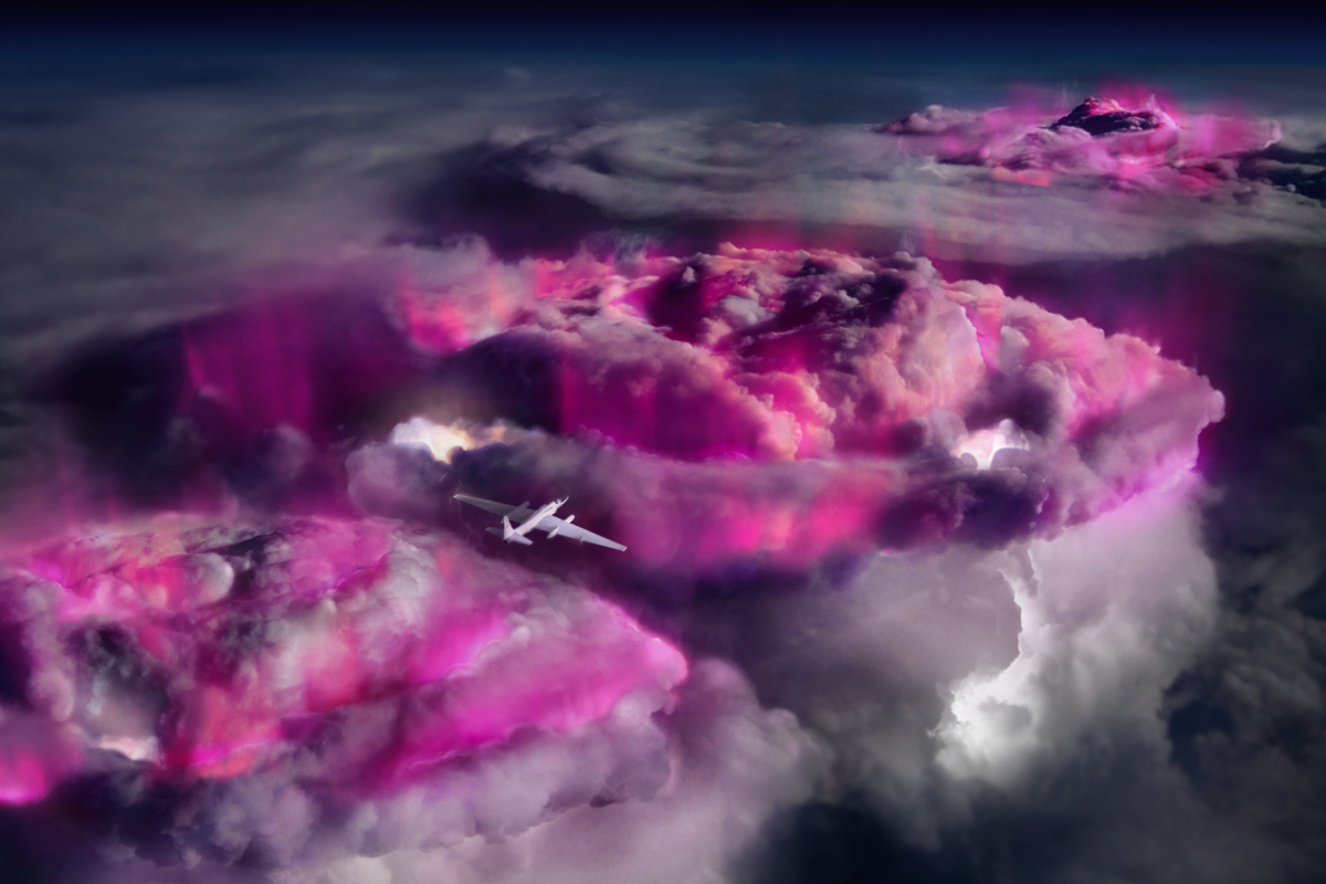 NASA plane flying over gamma ray-glowing clouds