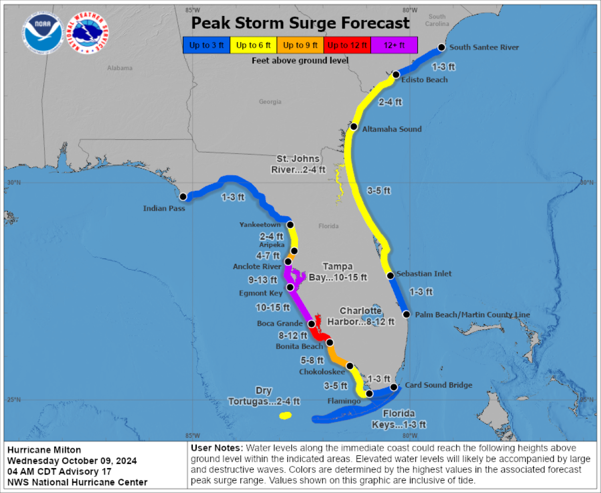 Hurricane Milton Update Path for - Storm Surge Map