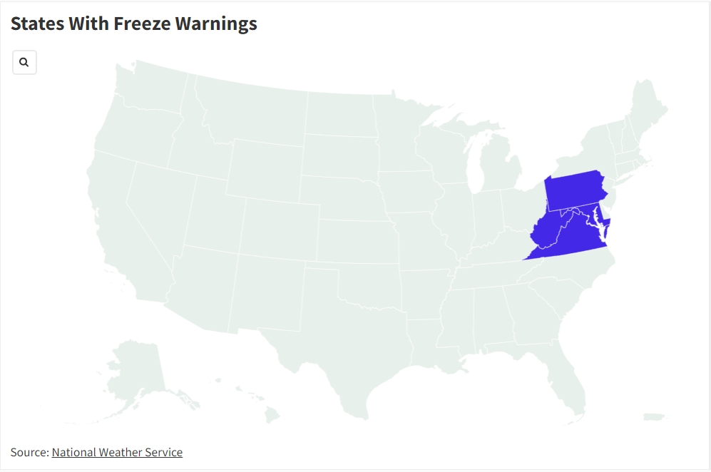 The map shows four states that have been warned of a temperature drop of 30 degrees