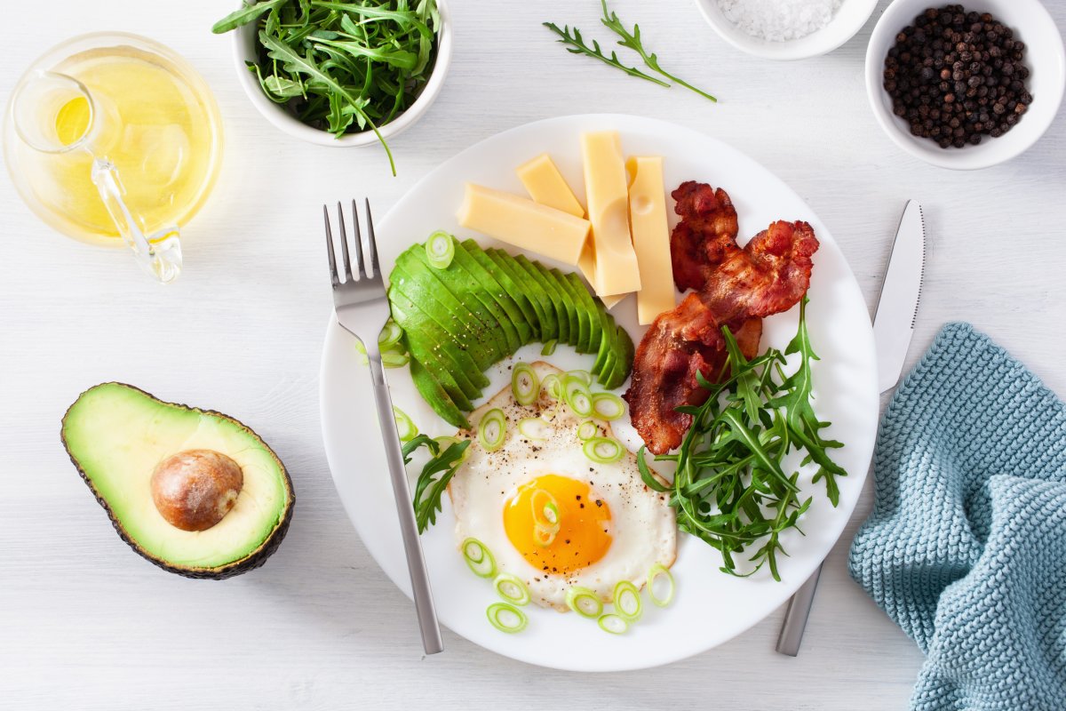 Desayuno cetogénico saludable: huevos, aguacate, queso, tocino