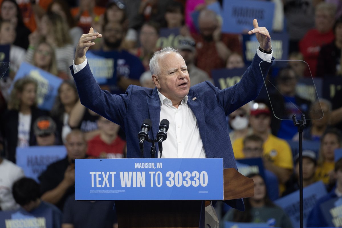 Governor Tim Walz speaking at Wisconsin rally.