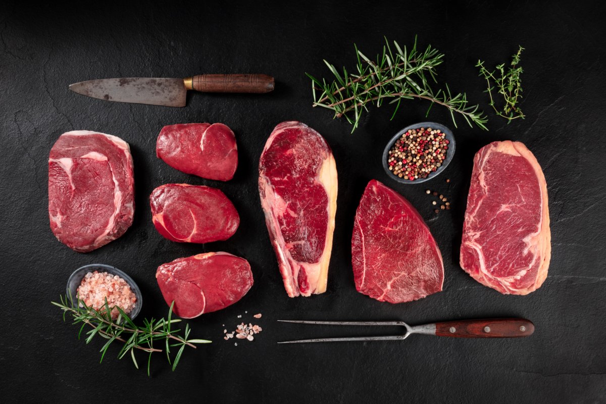 Meat, different cuts, flat lay overhead shot