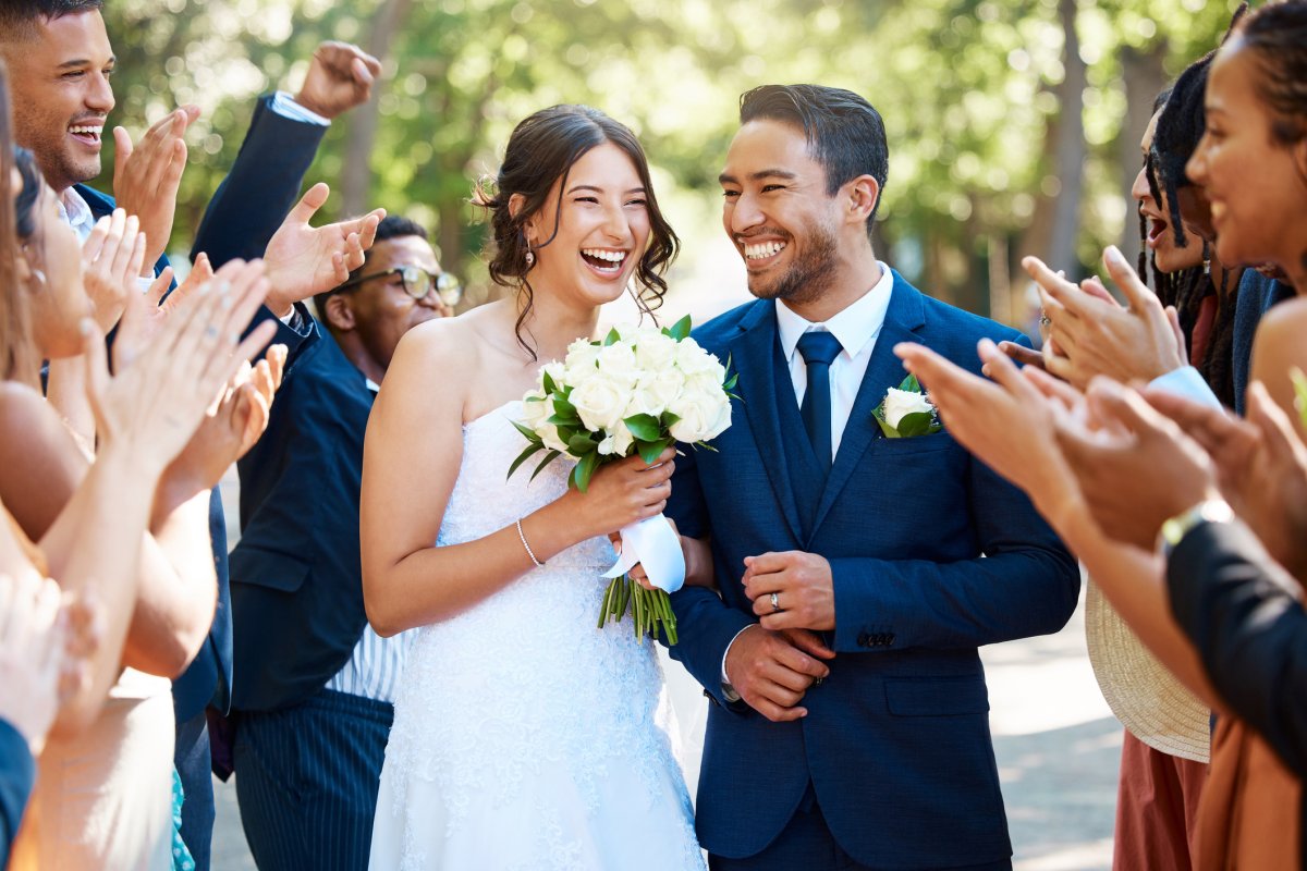 A happy couple at their wedding