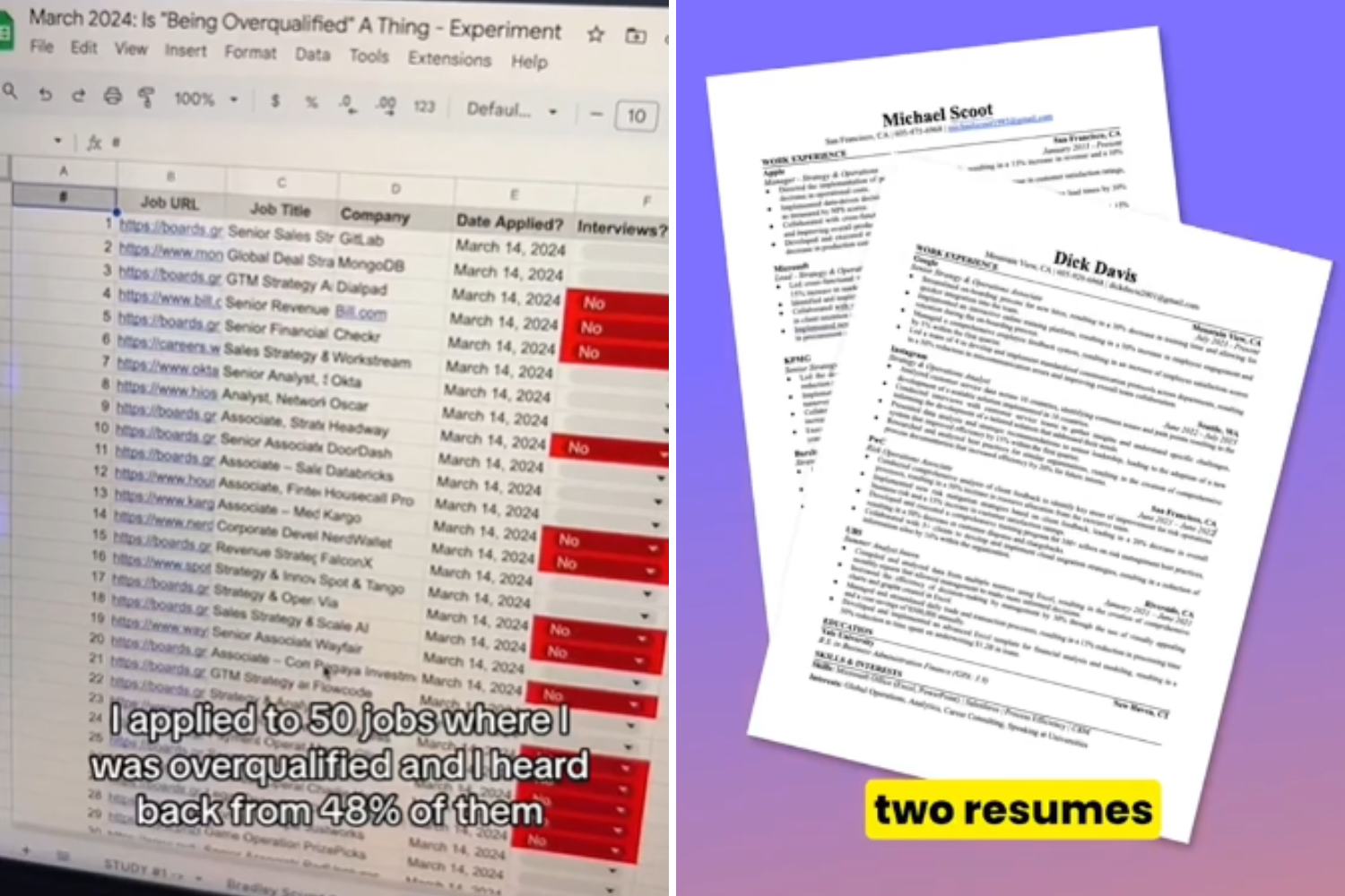 Man applies to the same 50 jobs with two different CVs—one is clear winner