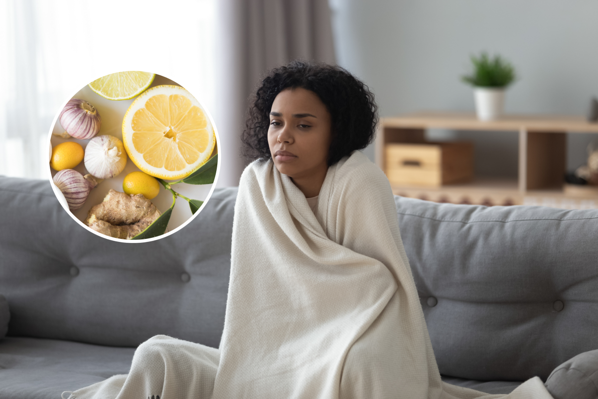 Sick woman and foods for immunity