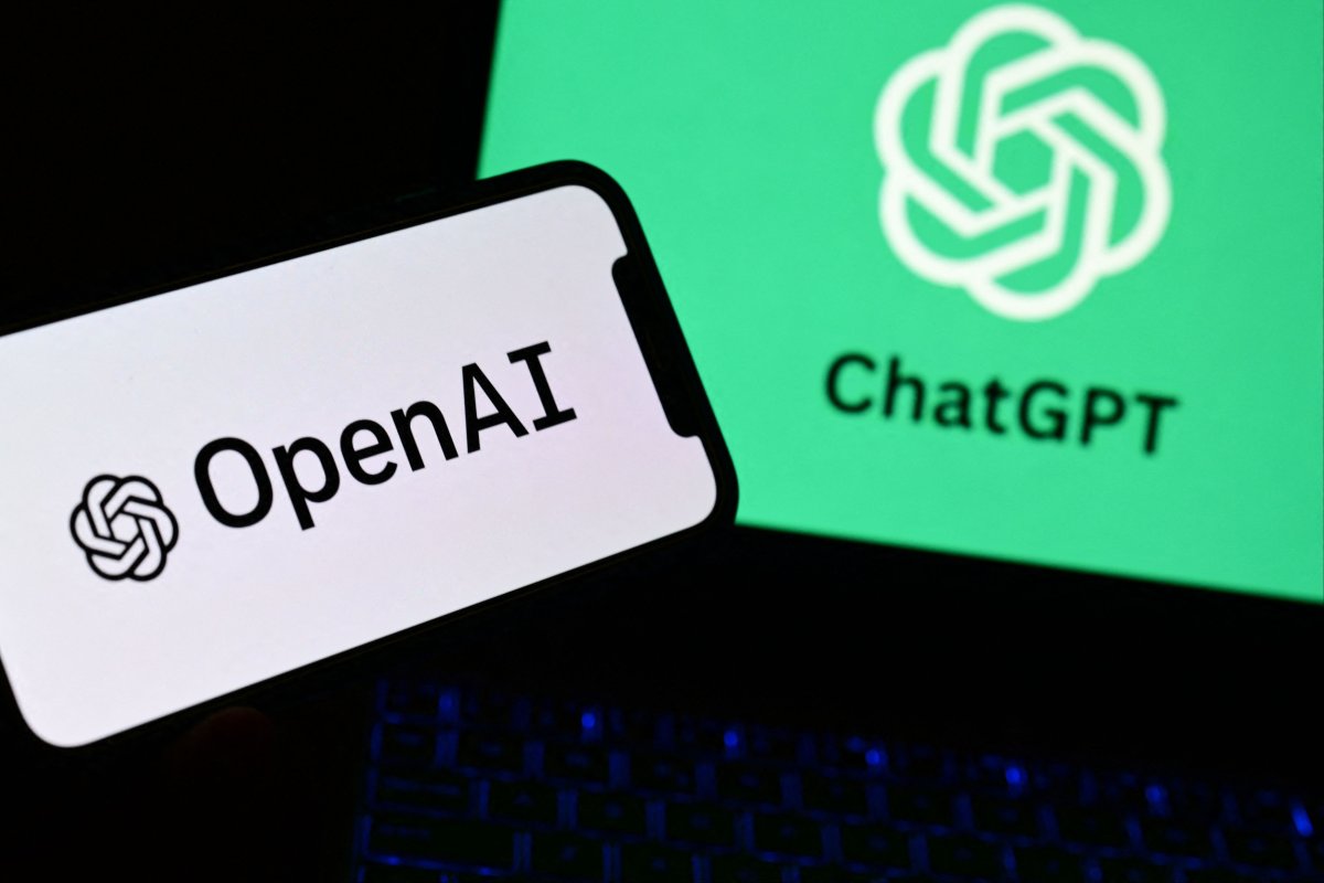 The OpenAI and ChatGPT logos on screens.