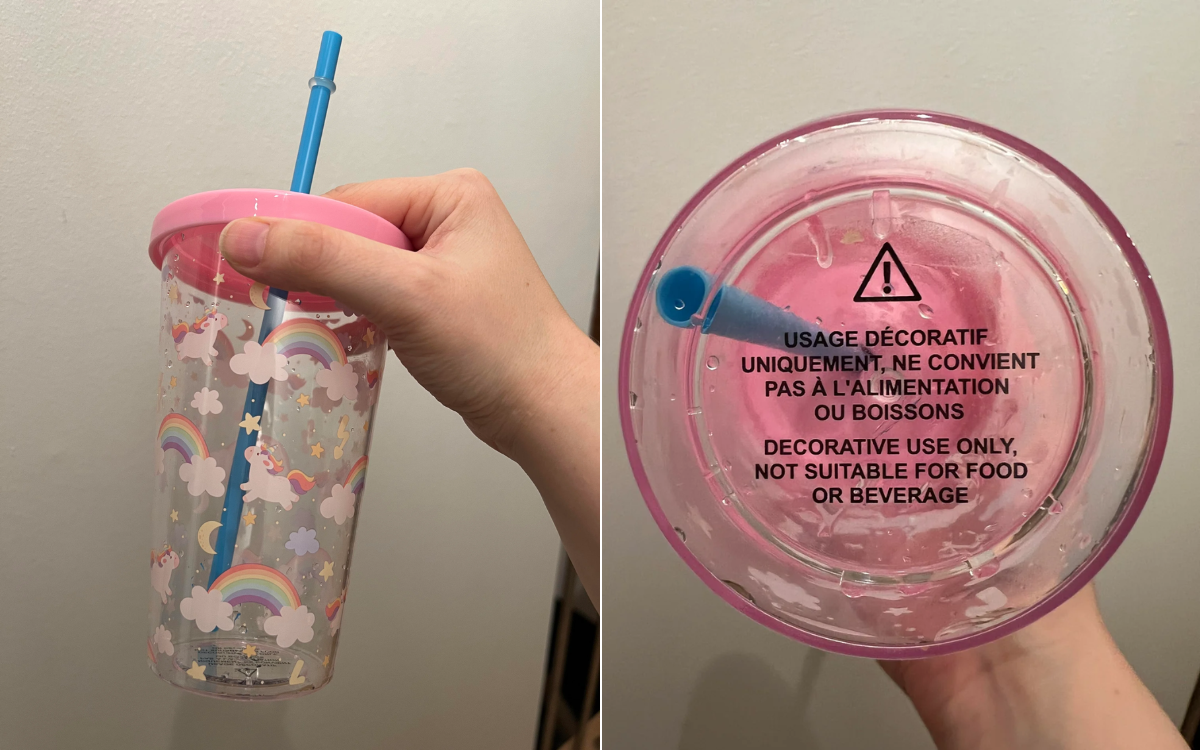 A plastic cup came with a warning.