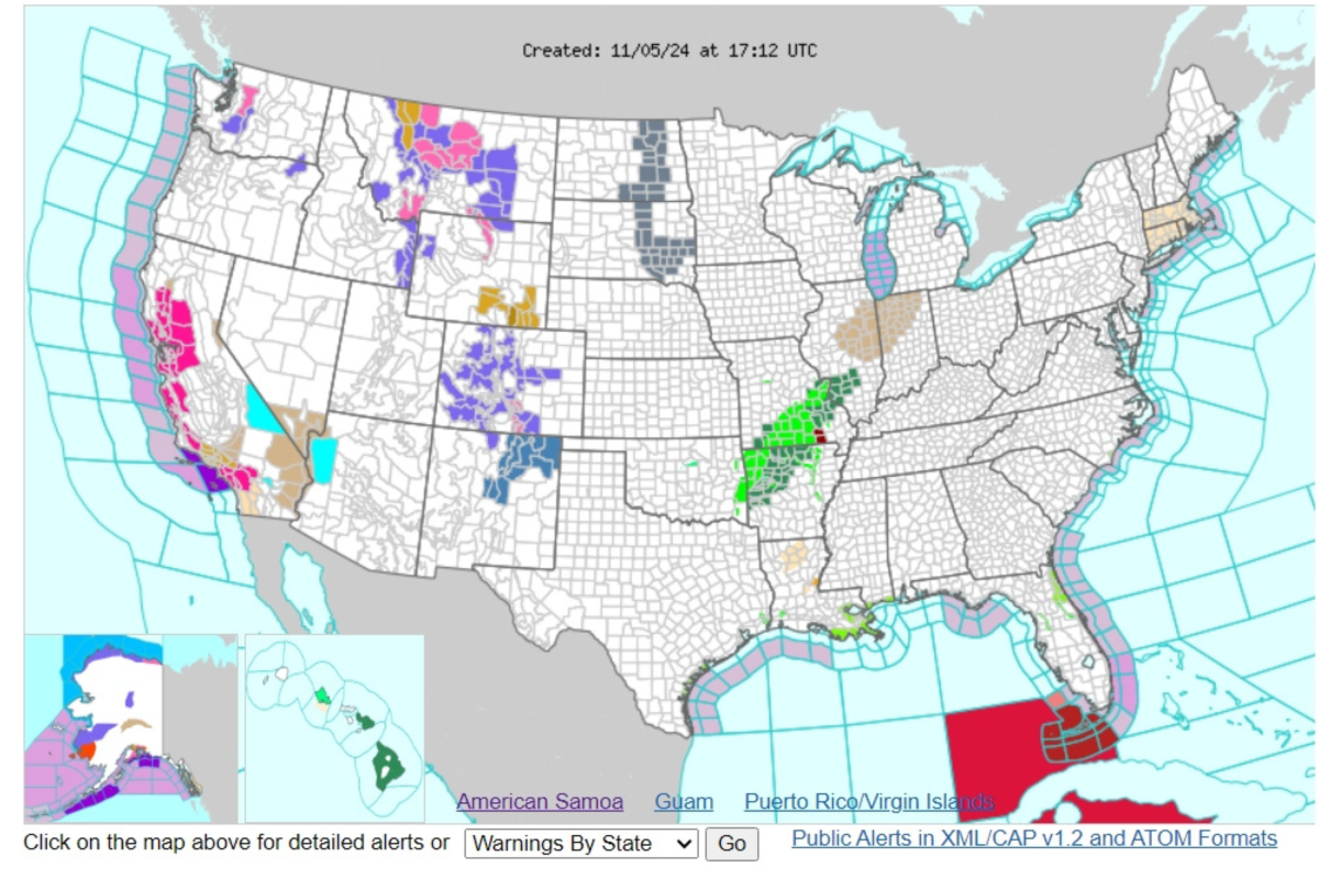 Complete list of US weather warnings on 