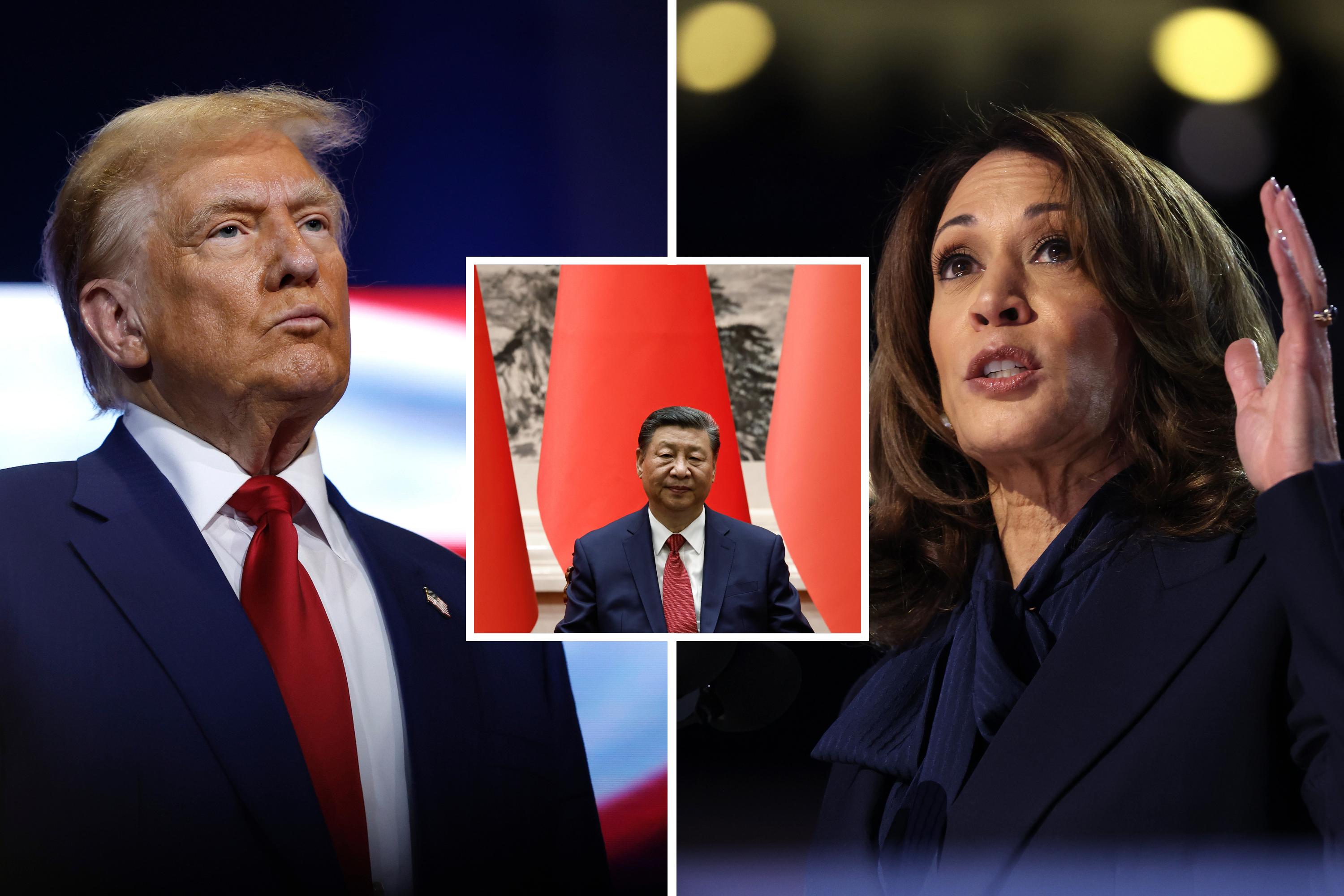 Photo: Chinese President Xi Jinping (inset) between former U.S. President Donald Trump and Vice President Kamala Harris in this Newsweek illustration. (Getty Images/Newsweek) 