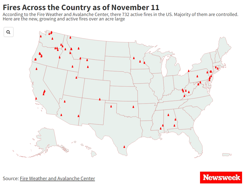 Map Shows Active and Growing Wildfires in US