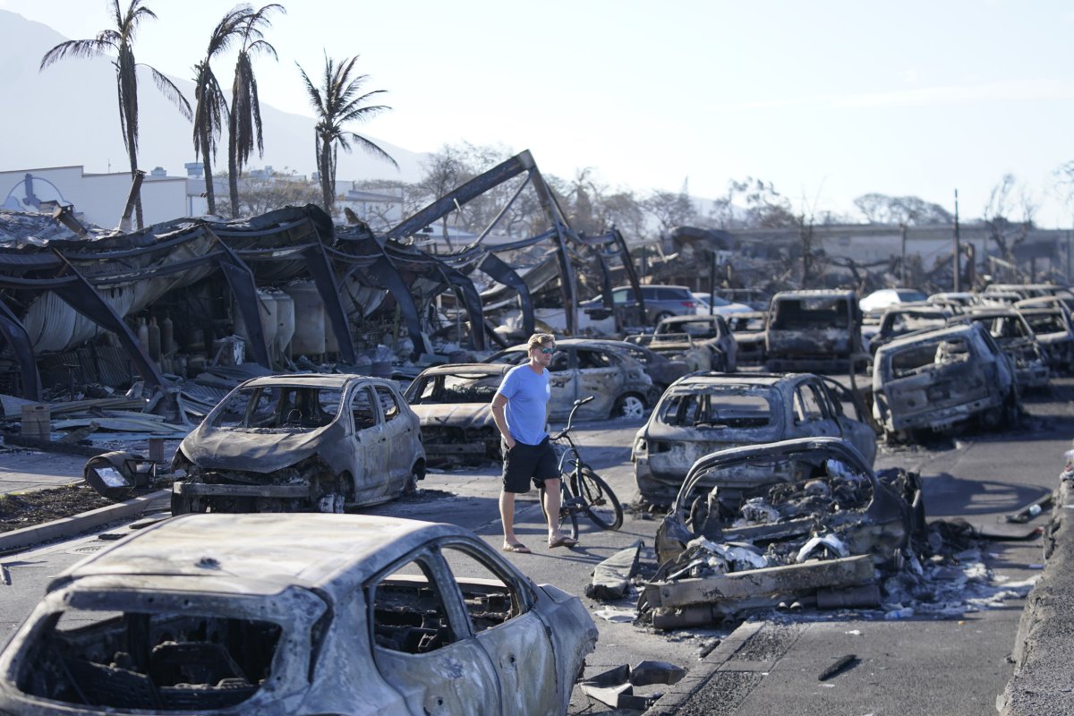 A man walks through wildfire wreckage 