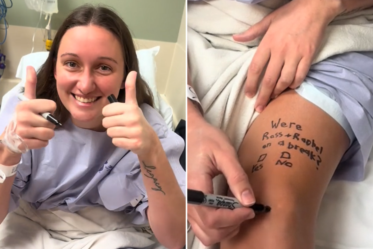 Woman writes on leg before surgery