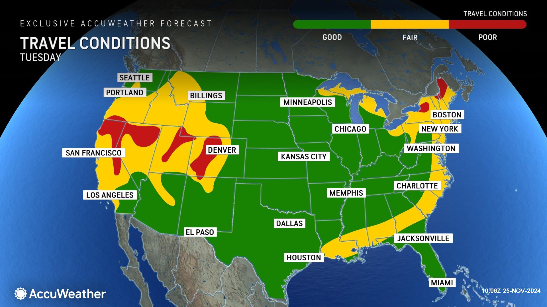 Map shows “poor travel conditions” for 14 states ahead of Thanksgiving