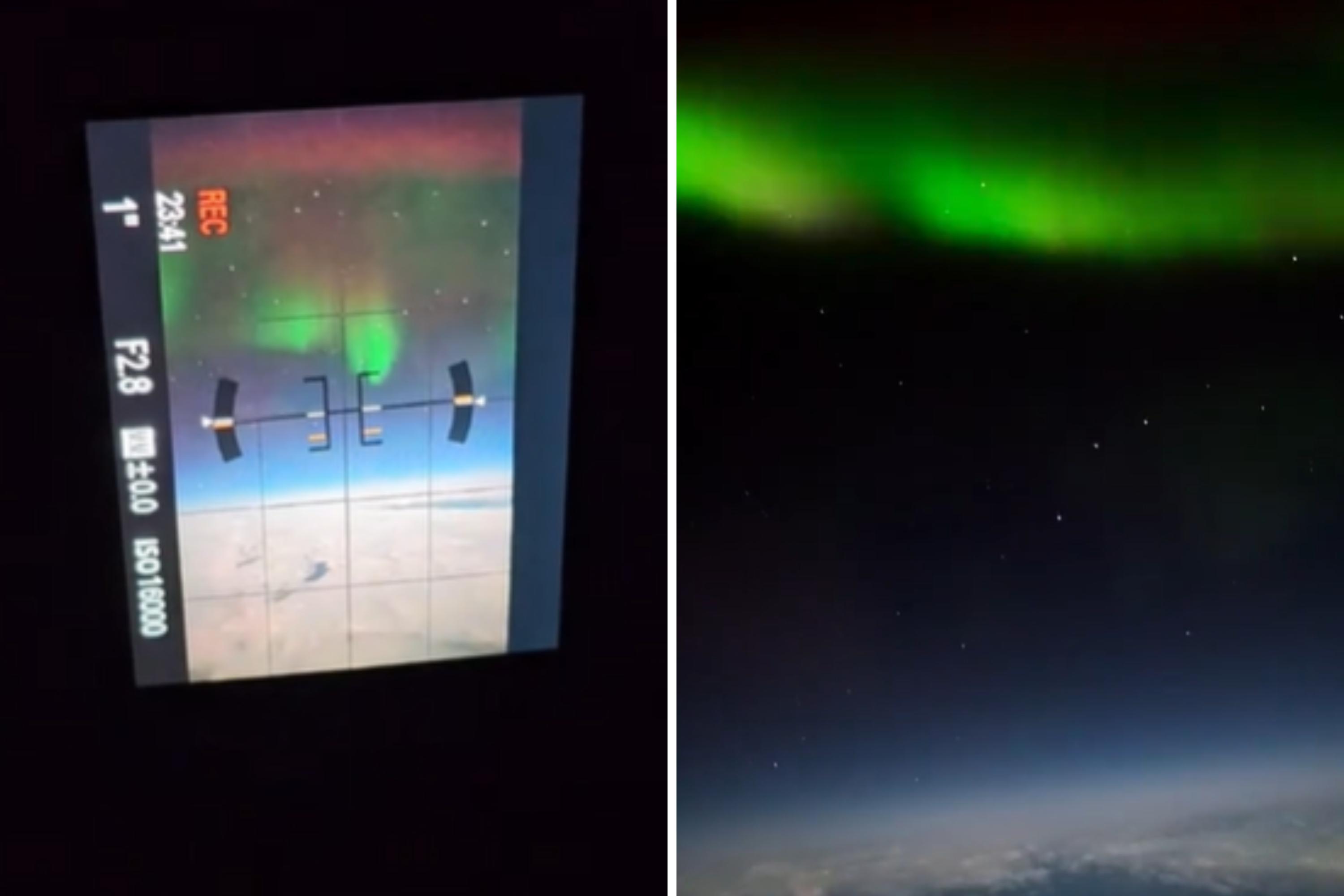 The northern lights captured by Jason Harrell during his flight to Iceland. (@flyandfoto/TikTok)