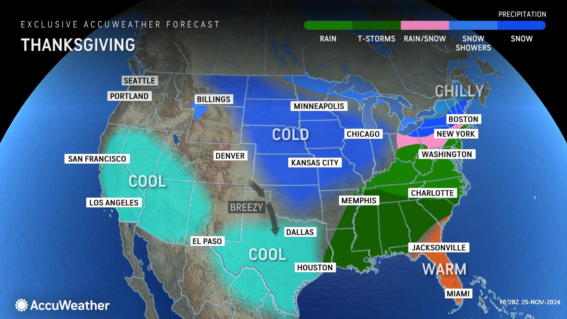 Thanksgiving weather map shows states expecting snow, rain, travel problems