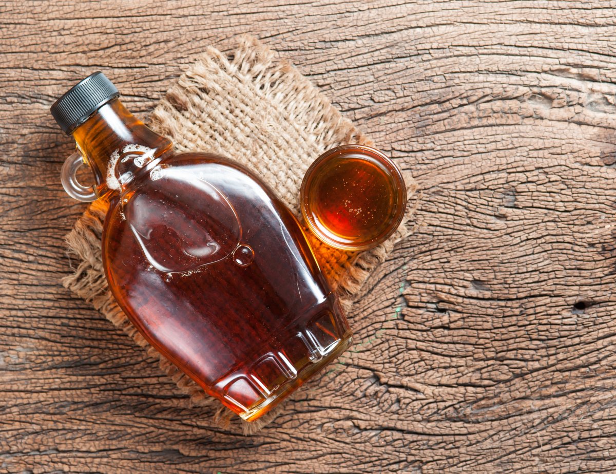 Maple syrup in glass bottle