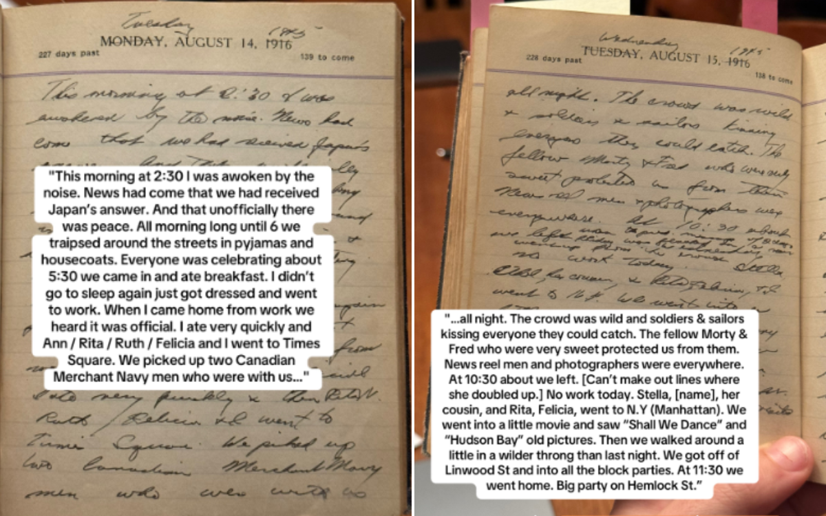 The diary describes Japan's surrender.