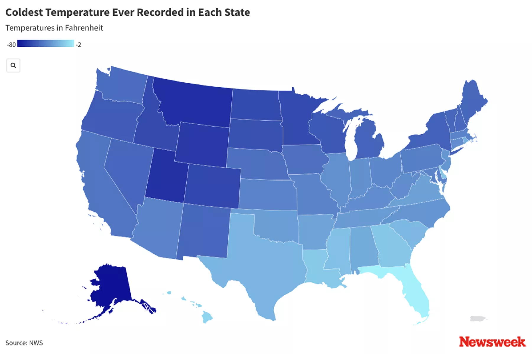 Map shows coldest temperature ever recorded in each state