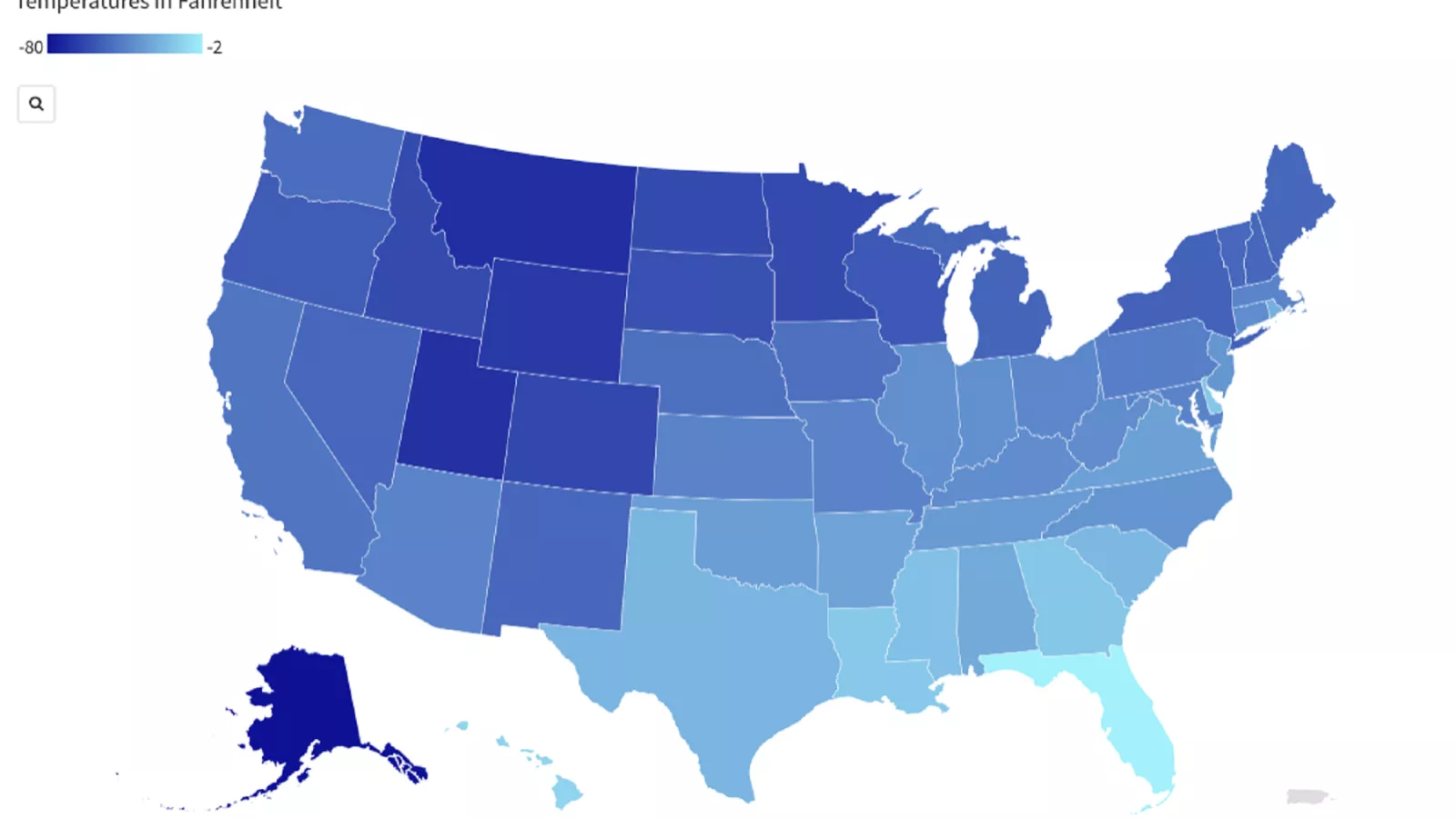 Map shows coldest temperature ever recorded in each state