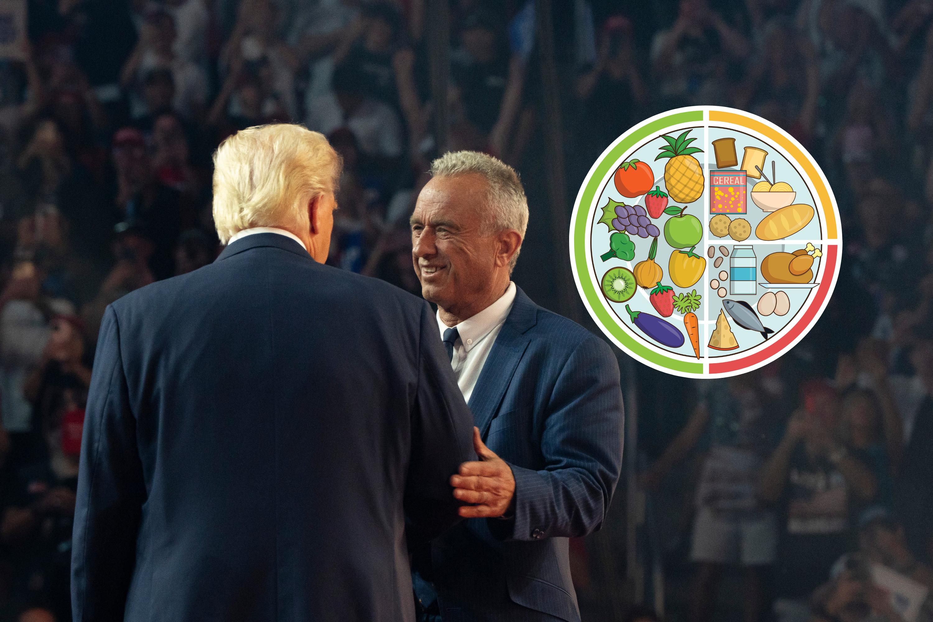 Donald Trump and Robert F. Kennedy Jr. shake hands on August 23, 2024. (Inset) A graphic of a balanced plate. (Getty Images Plus / Canva)