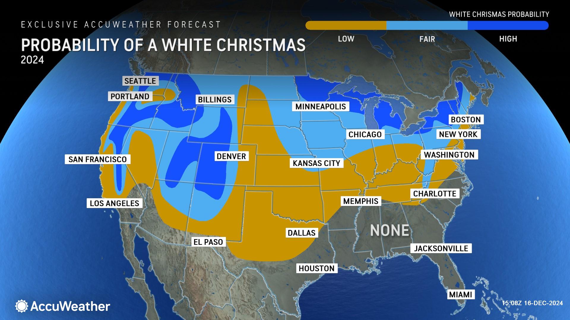Eighteen U.S. states forecasted for a white Christmas this year News