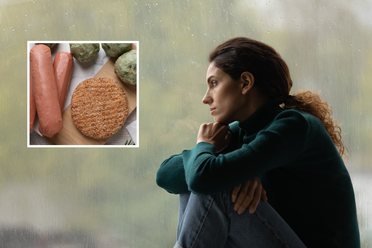 Depressed woman, window, vegetable meat