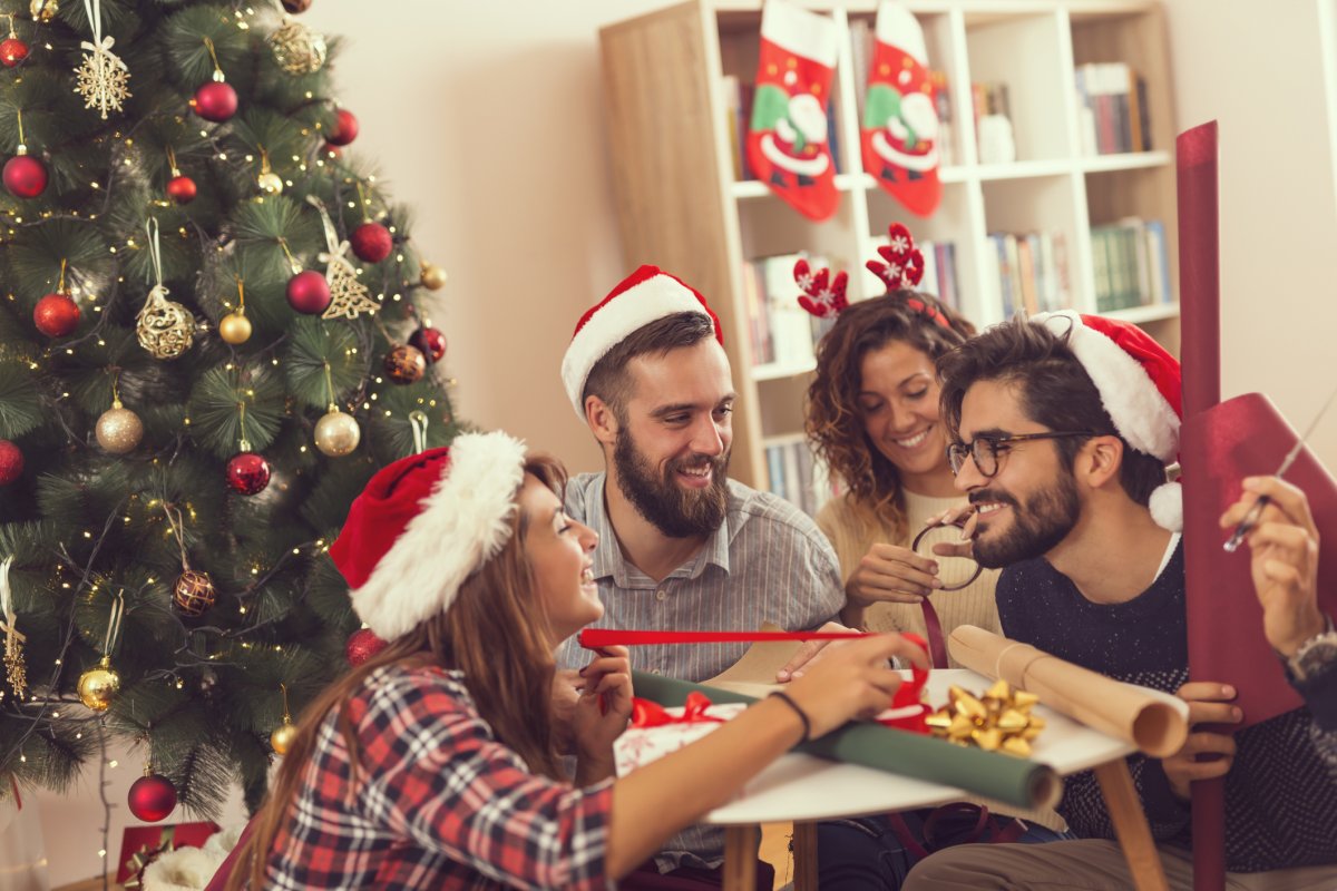 Stock image of people exchanging gifts.