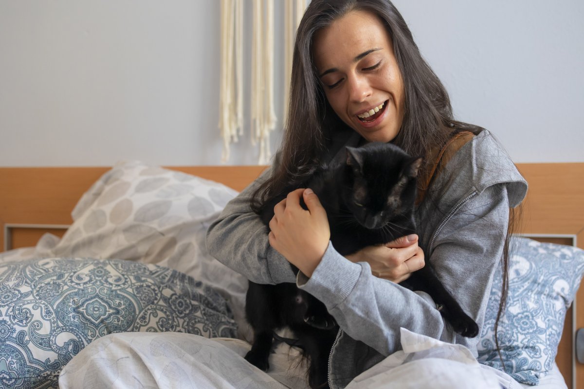 Stock image of cuddling cat.