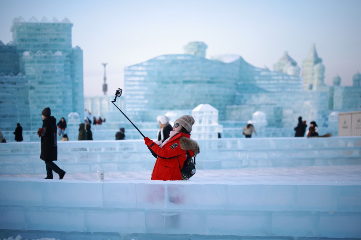 Tourist Takes Selfie in Harbin, China 