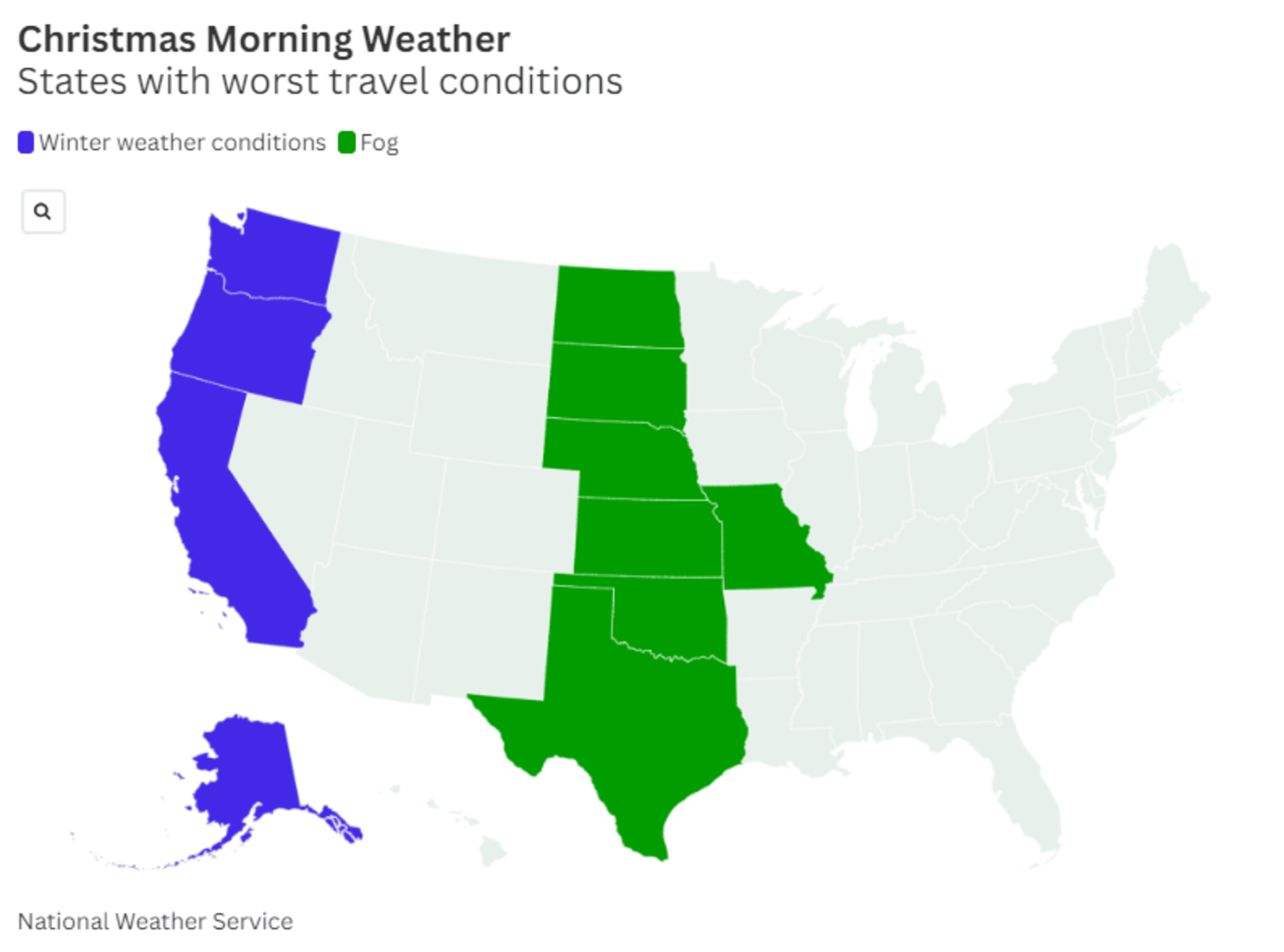 Christmas morning travel: Map shows states with worst driving conditions