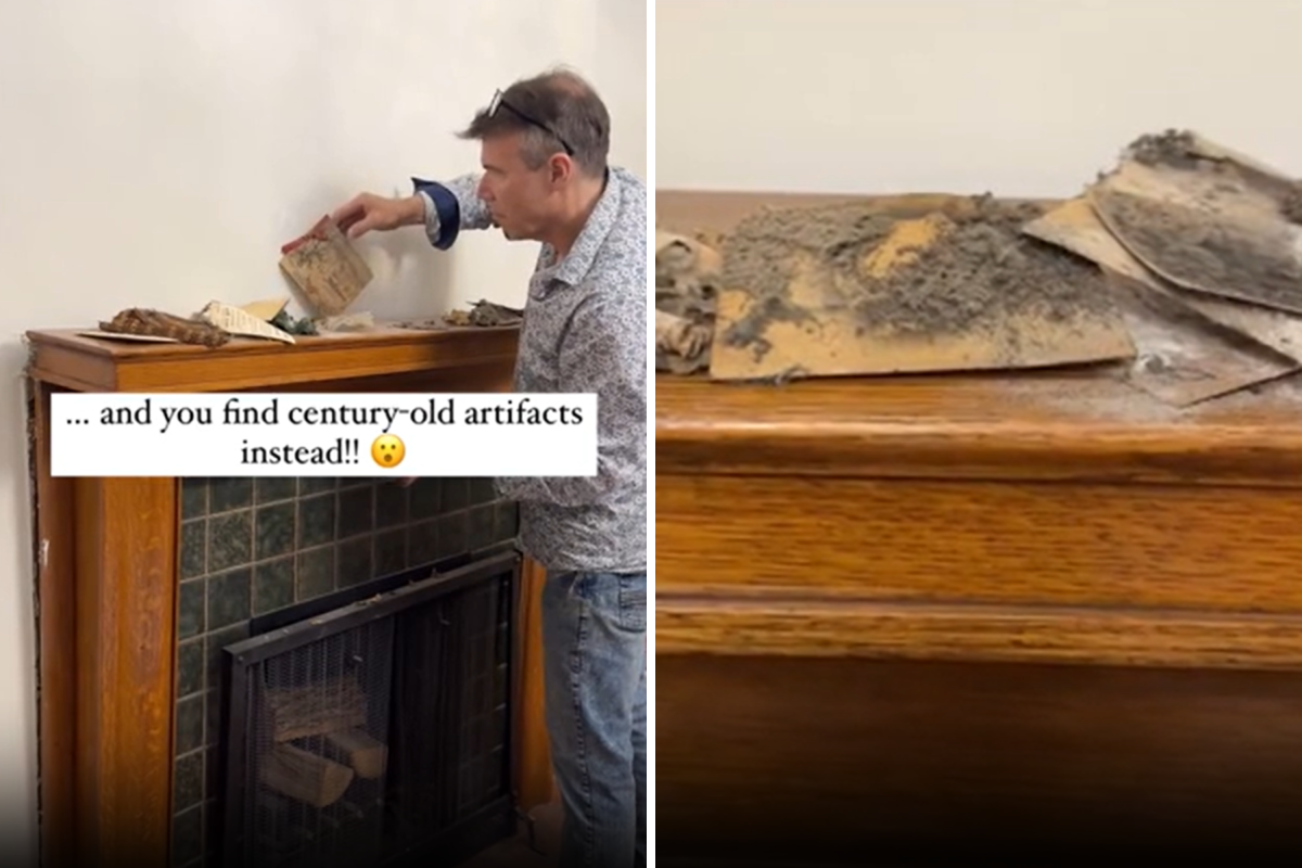 Man pulls Christmas cards from mantle
