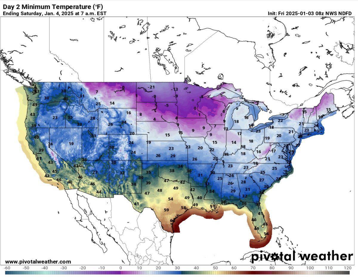 Minimum temperature map for Saturday, January 4.