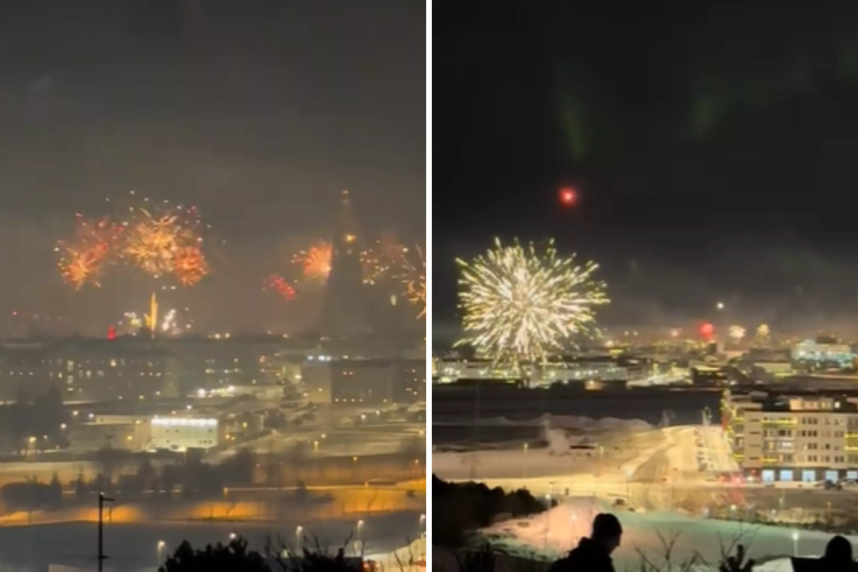 Woman watches New Year's fireworks, distracted by something else in the sky