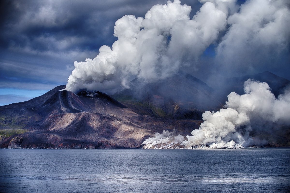 A volcano erupting on Chirpoy Island