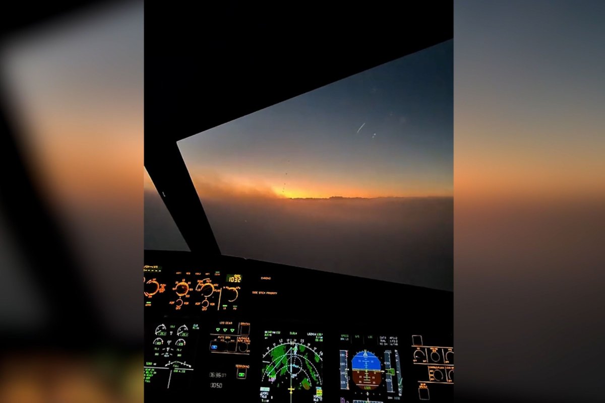 Cockpit view of plane landing itself.