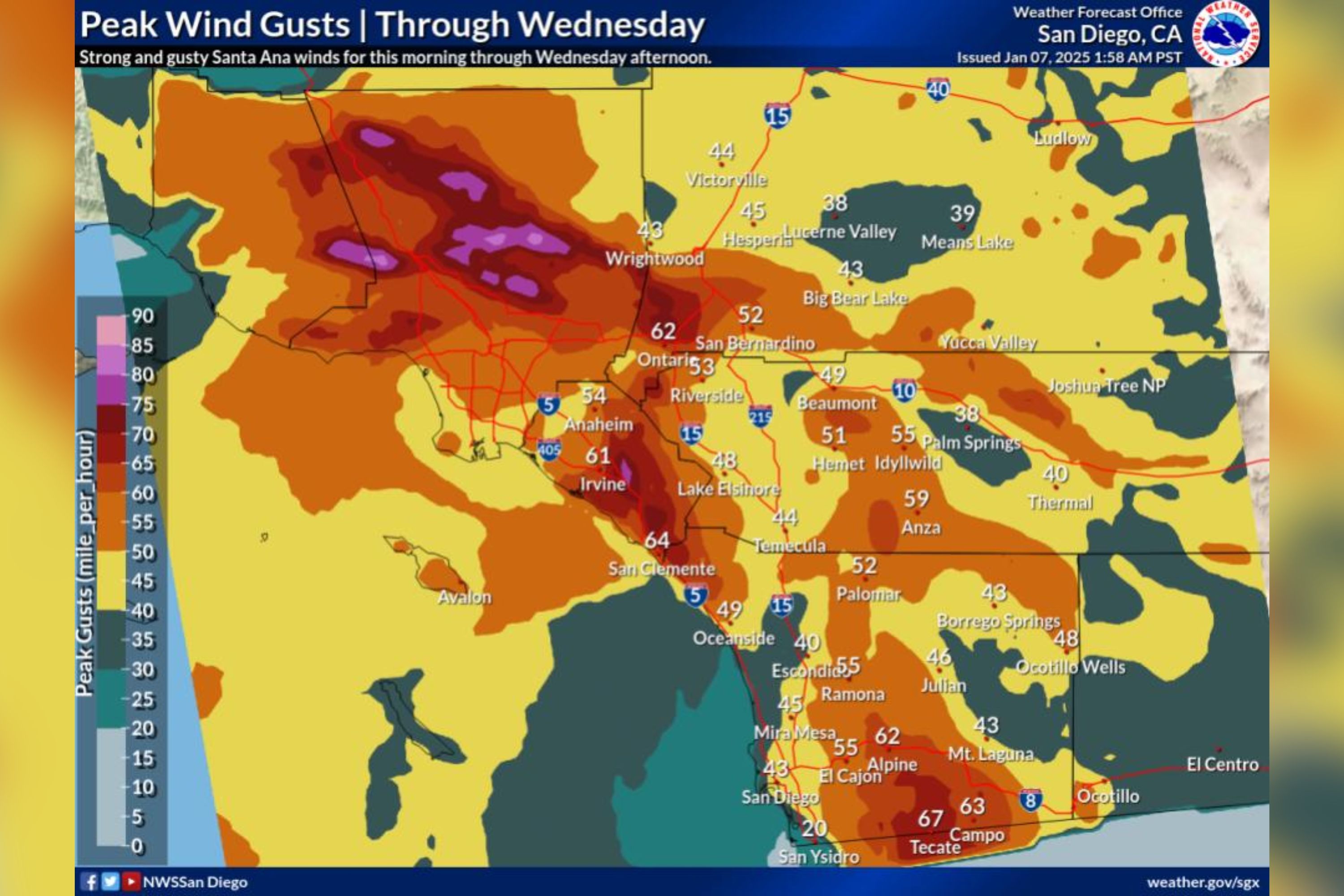 Windstorm Maps Show Southern California Areas To Be Hit Hardest
