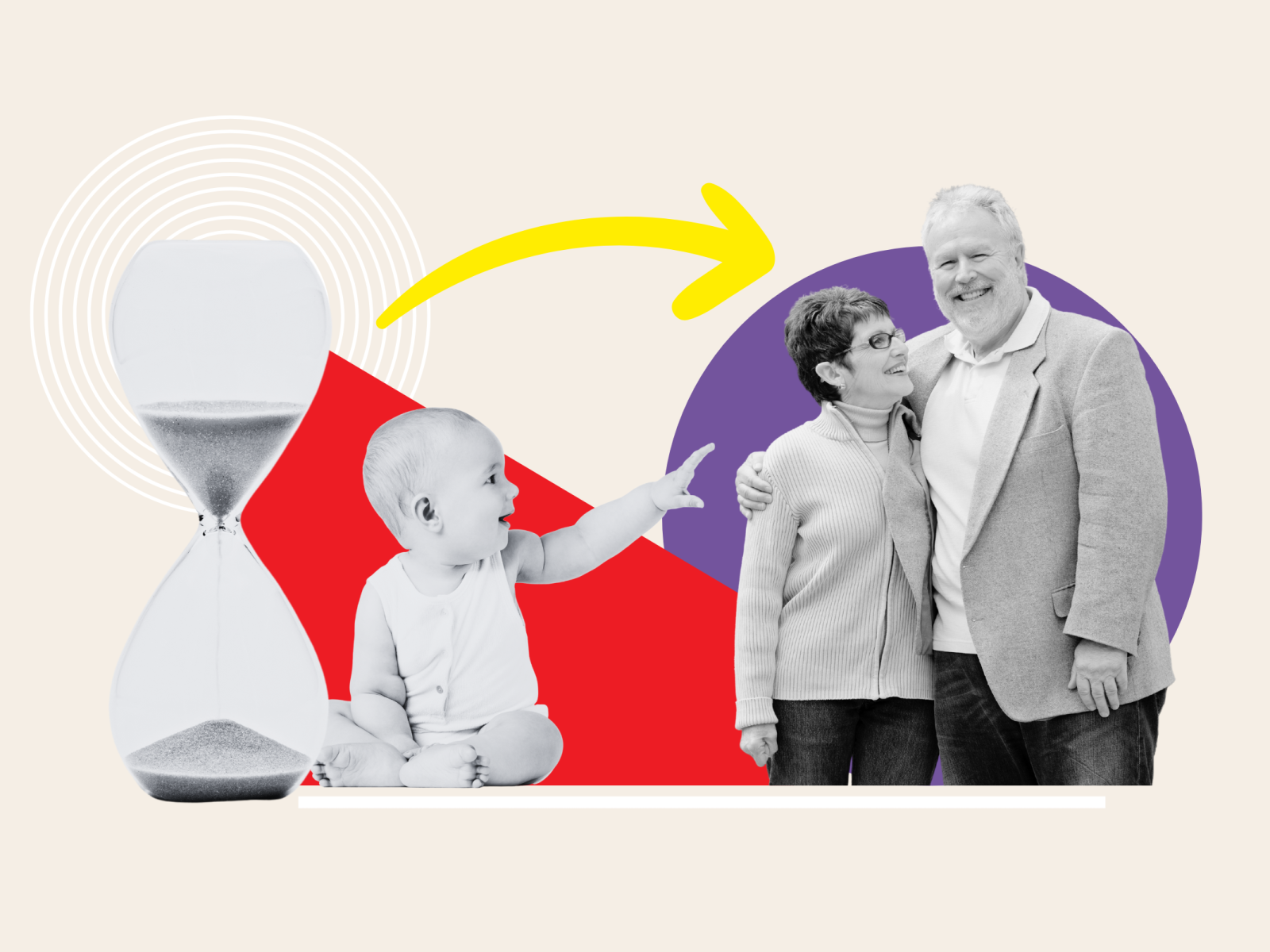 From left to right, a graphic of an emptying hourglass and a baby reaching out towards a laughing older couple.