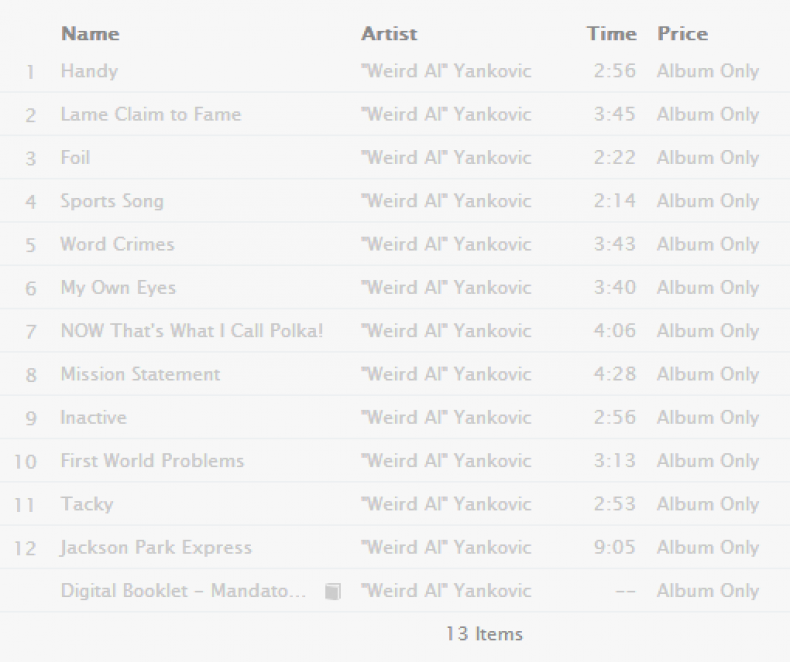 The 'Mandatory Fun' track listing.